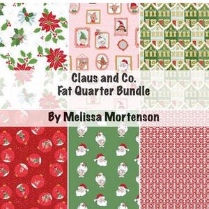 May include: A Claus and Co. Fat Quarter Bundle by Melissa Mortenson. The fabric bundle features various Christmas-themed patterns, including poinsettias, framed gnomes, and Santa Claus designs. Colors include red, green, white, and pink.