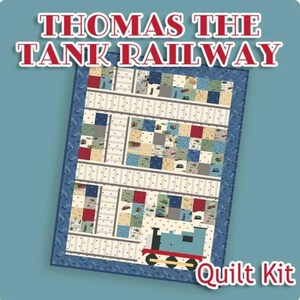 May include: A Thomas the Tank Railway quilt kit. The quilt features a patchwork design with squares of various colors and patterns, including images of trains. The quilt has a blue border and the text "Thomas the Tank Railway" and "Quilt Kit".