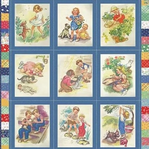 K&ouml;nnte beinhalten: Ein Stoffpaneel mit neun Vintage-Illustrationen von Kindern und Tieren. Die in Blau gerahmten Bilder sind vor einem Patchwork-Hintergrund mit floralen und geometrischen Mustern platziert. Die Illustrationen zeigen Kinder, die mit Hunden, Katzen und anderen Tieren interagieren.