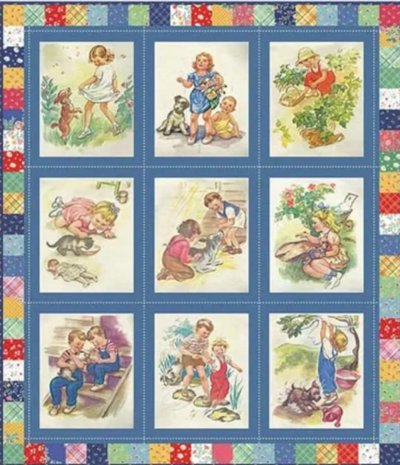 K&ouml;nnte beinhalten: Ein Stoffpaneel mit neun Vintage-Illustrationen von Kindern und Tieren. Die in Blau gerahmten Bilder sind vor einem Patchwork-Hintergrund mit floralen und geometrischen Mustern platziert. Die Illustrationen zeigen Kinder, die mit Hunden, Katzen und anderen Tieren interagieren.