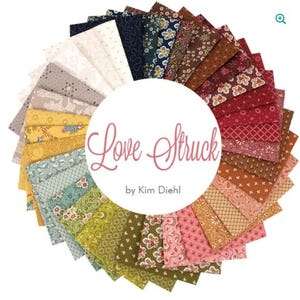 May include: A circular arrangement of fabric squares in various colors and patterns. The fabrics include floral, geometric, and abstract designs in shades of white, blue, yellow, green, and red. The text "Love Struck by Kim Diehl" is in the center.