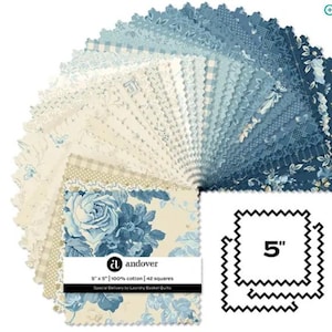 May include: A stack of 42 fabric squares, each measuring 5 inches by 5 inches. The collection features various blue and cream patterns, including floral, plaid, and polka dot designs. A label reads: andover, 5 x 5, 100% cotton, 42 squares.