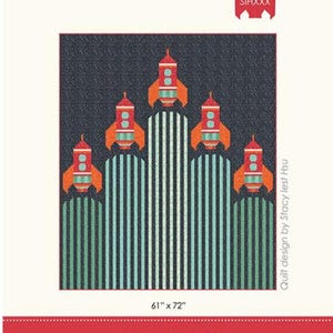May include: A colorful quilt featuring a design of five rockets blasting off. The rockets are red and orange, with a dark blue background and vertical striped lines. The quilt measures 61" x 72". The text "Blast Off" is displayed.