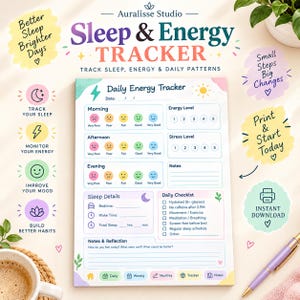 以下が含まれることがあります： 睡眠とエネルギーのトラッカーシート。毎日のエネルギー、ストレスレベル、睡眠の詳細、チェックリストのセクションがあります。レイアウトにはカラフルなアイコン、気分の顔文字、メモ用の線が含まれており、日々のパターンを記録するために設計されています。