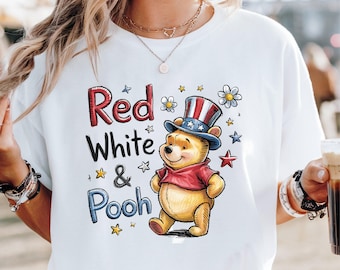 Camiseta de Winnie the Pooh roja, blanca y de Pooh, camiseta de celebración del 4 de julio