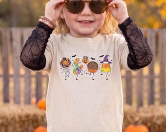 Camiseta de Halloween, Camiseta de caramelos, galletas, maíz dulce y piruletas, Camiseta de Halloween para niños pequeños, Camisetas infantiles de la temporada espeluznante, Suéter gráfico del festival de otoño