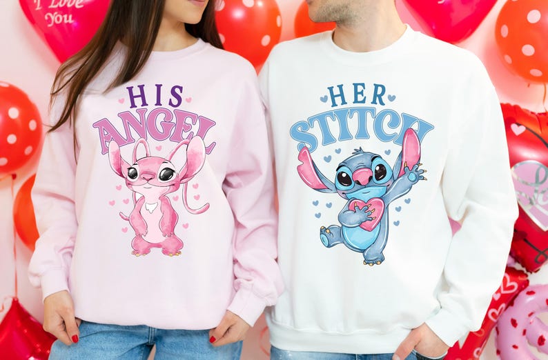 Camiseta de Disney Stitch y Ángel para San Valentín, camiseta para él y para ella, sudadera para la luna de miel en Disneyland 2026 imagen 2