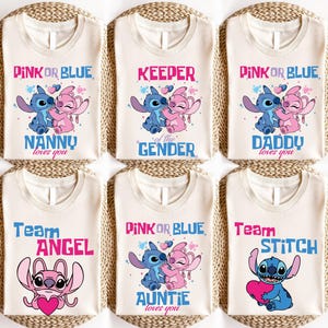 Maglietta per la festa di rivelazione del sesso del bambino Disney, maglietta rosa o blu, felpa con cappuccio Team Stitch e Team Angel, felpa coordinata per baby shower Disneyland immagine 1