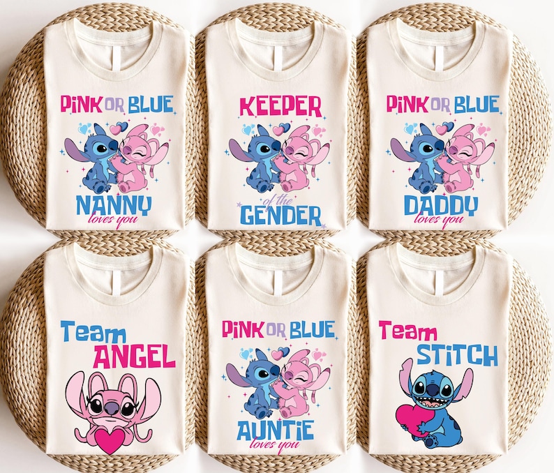 Maglietta per la festa di rivelazione del sesso del bambino Disney, maglietta rosa o blu, felpa con cappuccio Team Stitch e Team Angel, felpa coordinata per baby shower Disneyland immagine 1