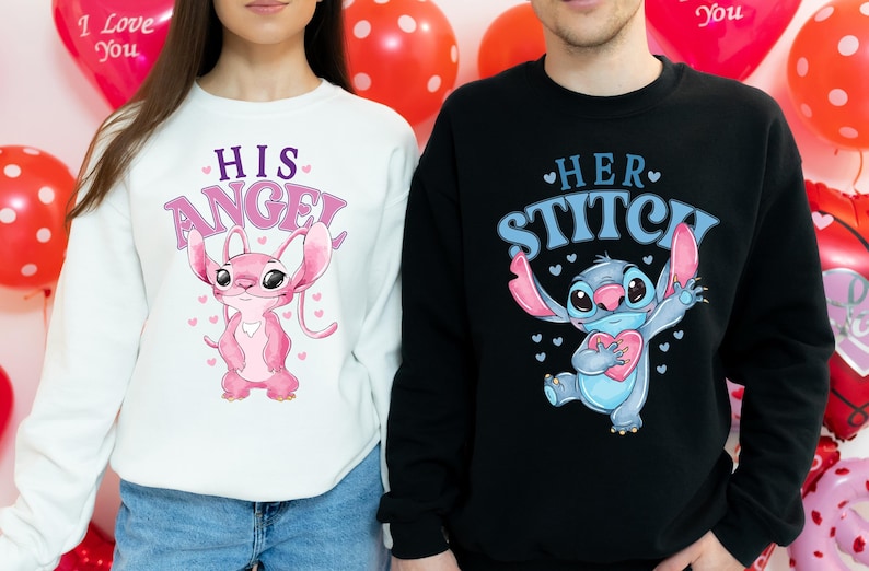 Camiseta de Disney Stitch y Ángel para San Valentín, camiseta para él y para ella, sudadera para la luna de miel en Disneyland 2026 imagen 1