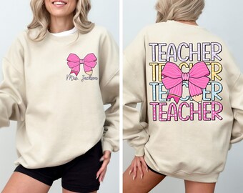 Teacher Coquette Shirt, Pencil Bow Teacher Sweater, Custom Teacher Team Shirt, Pink Bow Cute Teacher School Tee, Teacher Appreciation Shirt