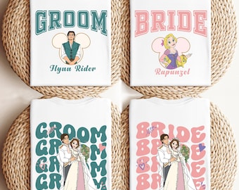 Princess Rapunzel Bride & Flynn Rider Groom Shirt, Disney Tangled Wedding Shirt, Disneyland Honeymoon Matching Tee, Just Married Couple Tee