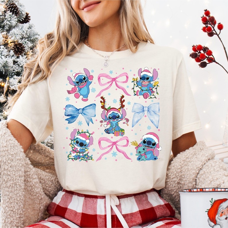 Disney Christmas Stitch T-Shirt, Xmas Stitch Coquette Sweatshirt, Lilo & Stitch Holiday Shirts, Family Xmas Gathering Hoodie image 1