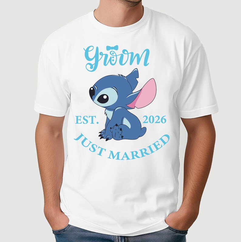 Stitch Groom & Angel Bride Shirt, Disney Wedding Party 2026 Sweatshirt, Just Married Couple Hoodie, Disneyland Honeymoon Tee image 3