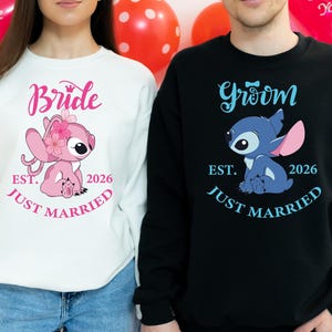 Stitch Groom & Angel Bride Shirt, Disney Wedding Party 2026 Sweatshirt, Just Married Couple Hoodie, Disneyland Honeymoon Tee image 1