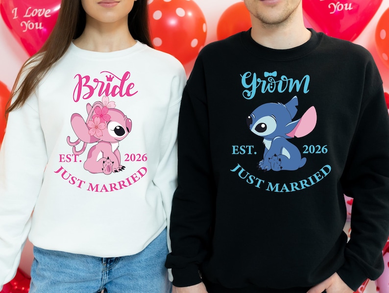 Stitch Groom & Angel Bride Shirt, Disney Wedding Party 2026 Sweatshirt, Just Married Couple Hoodie, Disneyland Honeymoon Tee image 1
