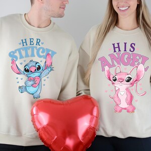 Camiseta de Disney Stitch y Ángel para San Valentín, camiseta para él y para ella, sudadera para la luna de miel en Disneyland 2026 imagen 3