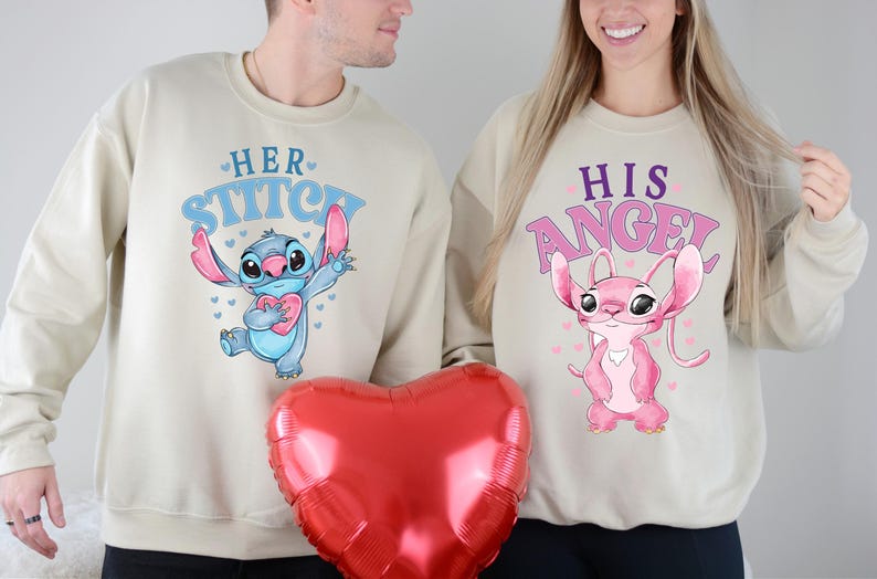 Camiseta de Disney Stitch y Ángel para San Valentín, camiseta para él y para ella, sudadera para la luna de miel en Disneyland 2026 imagen 3