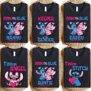Maglietta per la festa di rivelazione del sesso del bambino Disney, maglietta rosa o blu, felpa con cappuccio Team Stitch e Team Angel, felpa coordinata per baby shower Disneyland immagine 5