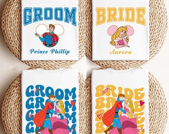Princess Aurora Bride & Prince Phillip Groom Shirt, Disney Custom Wedding Shirt, Disneyland Honeymoon Matching Tee, Just Married Couple Tee