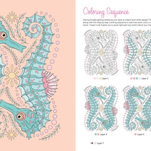 May include: A coloring book page with a detailed illustration of two seahorses intertwined with floral elements. The page includes a "Coloring Sequence" section with instructions and numbered layers for coloring.
