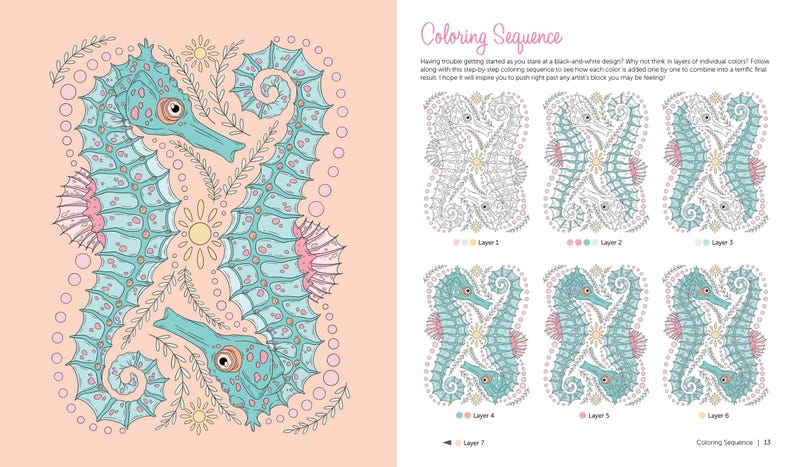 May include: A coloring book page with a detailed illustration of two seahorses intertwined with floral elements. The page includes a "Coloring Sequence" section with instructions and numbered layers for coloring.