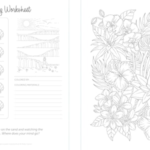 May include: A black and white coloring page featuring a tropical scene with hibiscus, orchids, and other flowers. The page includes a section for color swatches and space to write in the coloring materials used.