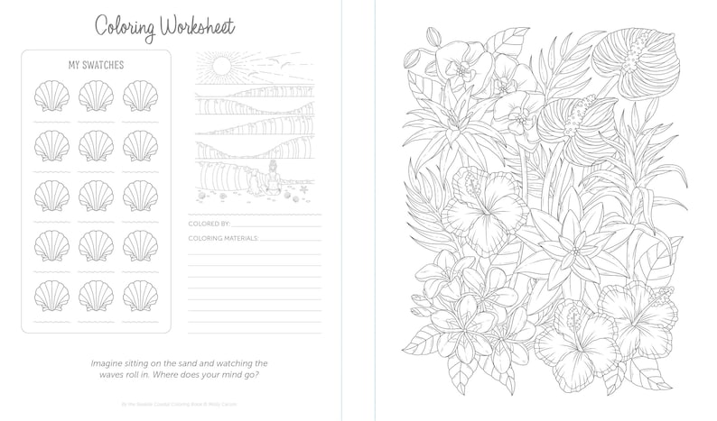 May include: A black and white coloring page featuring a tropical scene with hibiscus, orchids, and other flowers. The page includes a section for color swatches and space to write in the coloring materials used.