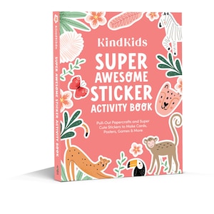 May include: A pink book with the title "Super Awesome Sticker Activity Book" and a colorful illustration of animals and plants. The book features pull-out papercrafts and stickers to make cards, posters, and games.