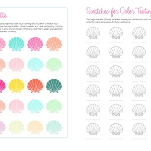 May include: A page from a coloring book with five color palettes for seashells. Each palette has five different colors with names like "Mango Tango" and "Coral Crush". The right side of the page has 25 blank seashells for color testing.