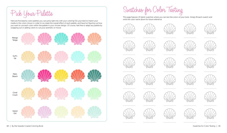 May include: A page from a coloring book with five color palettes for seashells. Each palette has five different colors with names like "Mango Tango" and "Coral Crush". The right side of the page has 25 blank seashells for color testing.