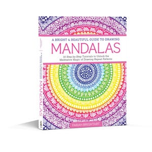 May include: A book titled "A Bright & Beautiful Guide to Drawing Mandalas" features a colorful mandala design on the cover. The cover is predominantly white with a vibrant rainbow-colored mandala and text in pink and purple.