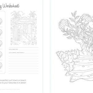 May include: A black and white coloring page featuring a seashell with flowers growing out of it. The page also includes a section for a color swatch and a space to write in the coloring materials used.