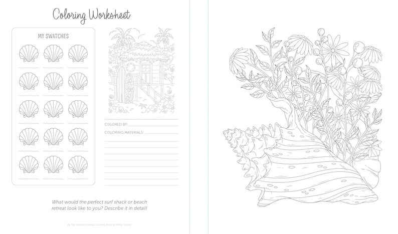May include: A black and white coloring page featuring a seashell with flowers growing out of it. The page also includes a section for a color swatch and a space to write in the coloring materials used.