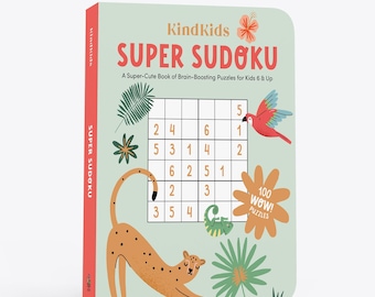 Könnte beinhalten: Ein grünes Buch mit hellgrünem Hintergrund und Dschungel-Motiv. Der Buchumschlag zeigt einen Geparden, einen Papagei und ein Chamäleon. Der Titel des Buches lautet "SUPER SUDOKU" und der Untertitel lautet "Ein super süßes Buch mit Gehirnjogging-Rätseln für Kinder ab 6 Jahren".