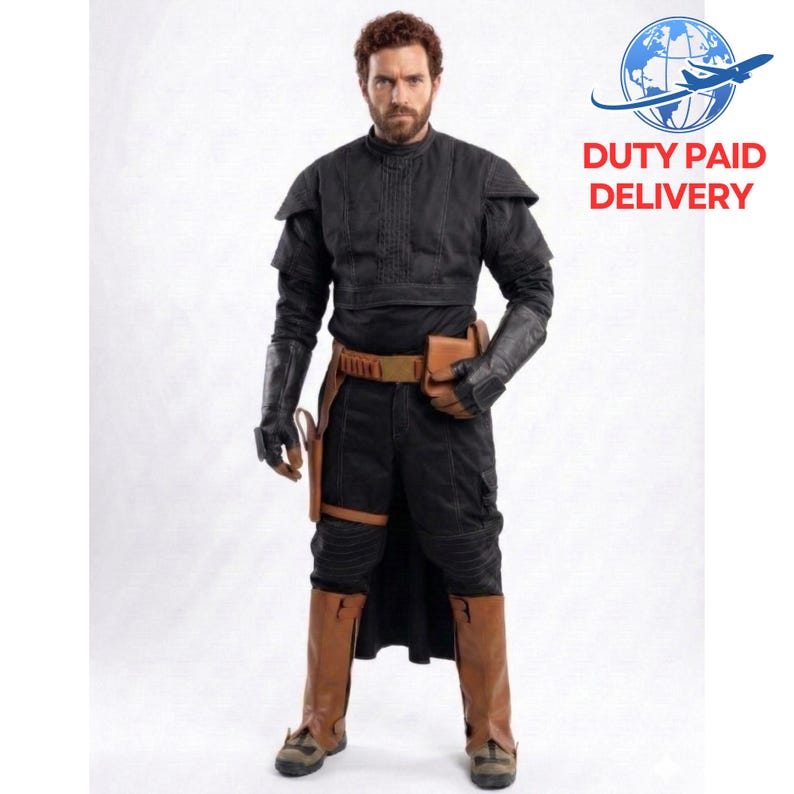 May include: A black costume with a high collar, shoulder pads, and long sleeves. The outfit includes black pants, brown boots, a brown belt, and a holster. The image also includes the text "DUTY PAID DELIVERY".