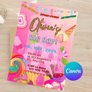 Editable Sweet Celebration Birthday Invitation, Candy Land Invitation, Candy Birthday Party Invitation, Candyland, Printable Canva Template