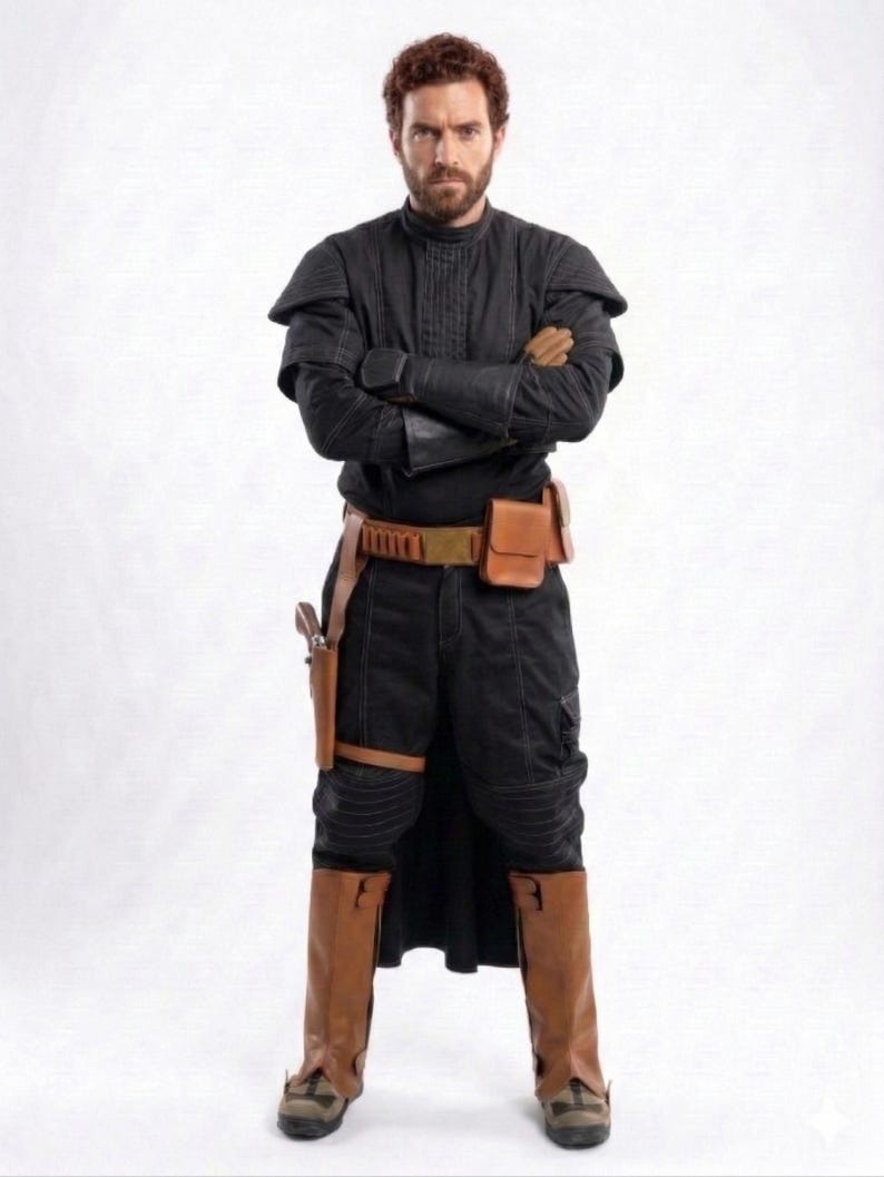 May include: A person wearing a black outfit with a high collar, shoulder pads, and brown leather boots. The outfit includes a utility belt with pouches and a holster. The person has crossed arms and a serious expression.