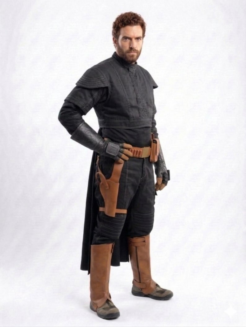 May include: A black costume with a high collar, shoulder pads, and long sleeves. The outfit includes black pants, brown boots, a brown belt, and a holster. The costume has a futuristic or sci-fi aesthetic.