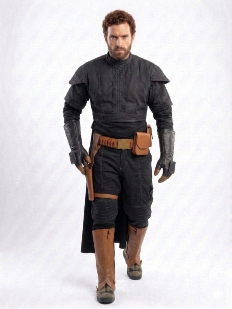 May include: A person in a black outfit with a high collar, shoulder pads, and gloves. The outfit includes black pants, brown boots, and a brown belt with a holster. A small brown pouch is attached to the belt. The person is holding a gun.