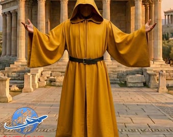 Mustard Yellow Medieval Hooded Cloak | Renaissance Cosplay Robe | Witch LARP Cape | Fantasy Cosplay Costume