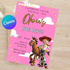 Editable Girl Toy Story Invitation, 3rd Birthday Party Template, Pink Toy Story Canva Invite, Digital Download for Kids Birthday