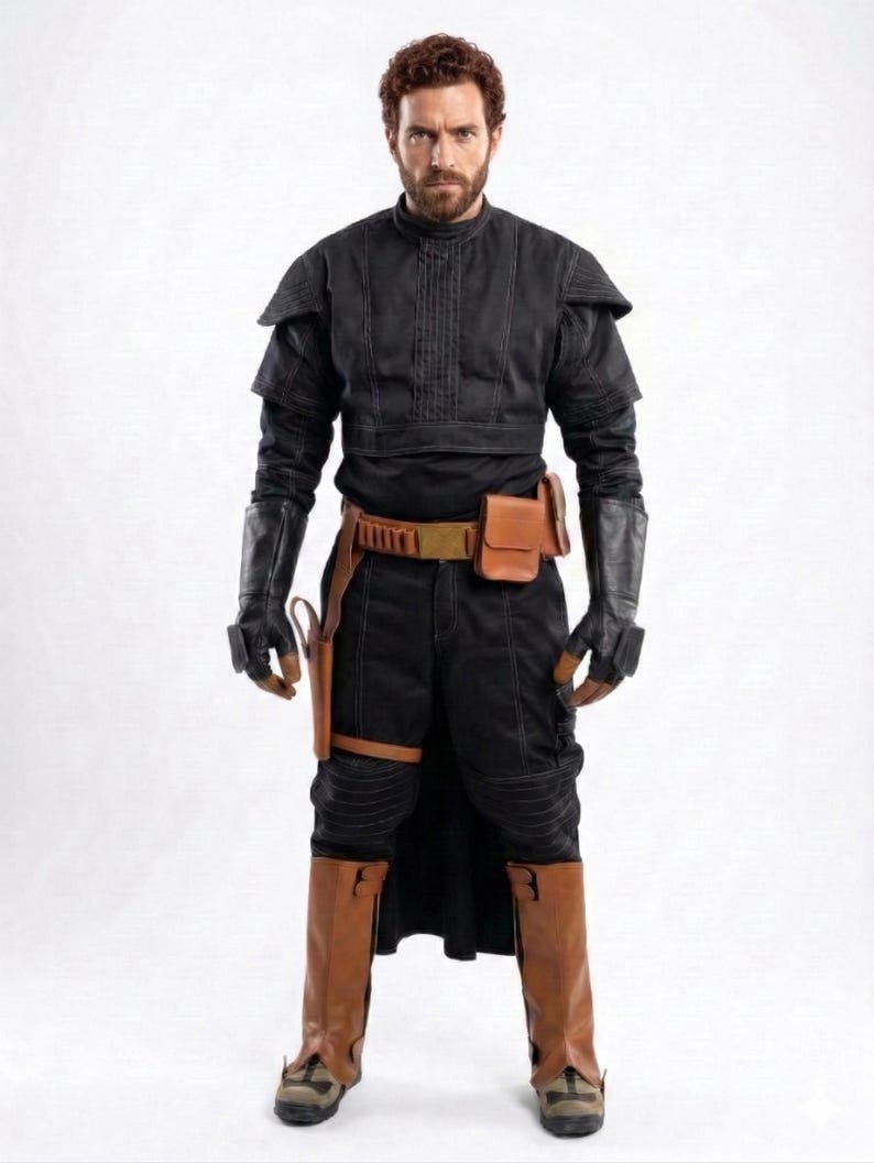 May include: A black costume with brown leather accents. The outfit includes a high-collared top, gloves, a belt with pouches, and brown boots. The costume has a futuristic or fantasy theme.