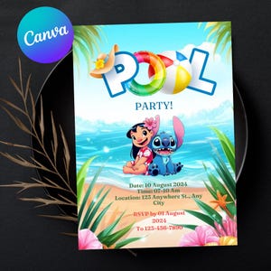 Bearbeitbare Stitch-Geburtstagseinladung, druckbare süße Stitch-Party einladen, Stitch & Lilo Mädchen-Geburtstagsfeier einladen, Canva Sofort-Download