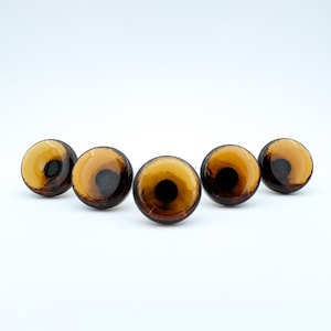 Op de afbeelding: Vijf amberkleurige glazen knoppen in een rij. Elke knop is een afgeronde bol met een donker centrum en amberkleurige tinten. Deze decoratieve knoppen zijn geschikt voor meubels of kastbeslag.