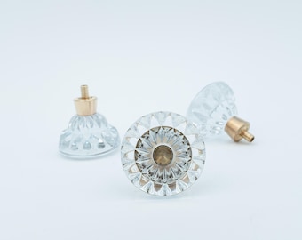 Vintage Scandinavian Clear Glass Cabinet Drawer Pull 1960s Sunburst Design | Möbelgriff Messing Glas Retro | Poignée Scandinave Verre Laiton
