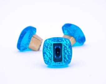 Scandinavian Blue Glass & Brass Drawer Pull 1960s Vintage | Maniglia Retrò Scandinava Ottone | Poignée Suédoise Rétro Verre | HAFA Halmstad
