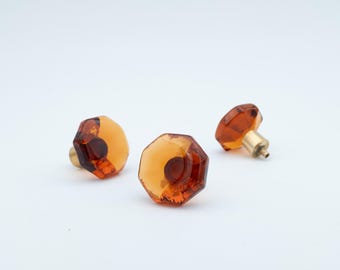 Swedish Vintage Orange Glass Knobs | Verrina Sweden 60s 70s | Brass Cabinet Hardware Mid-Century Modern Drawer Pulls
