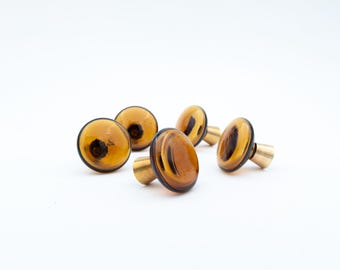 May include: Five amber glass cabinet knobs with brass stems are arranged on a white surface. The knobs have a rounded, oval shape with a dark center. The brass stems provide a contrasting metallic accent.