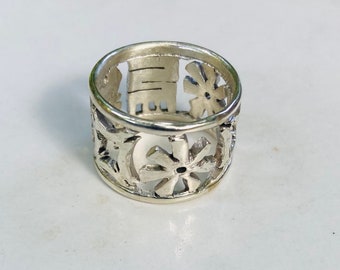 Sterling Silver  Adinkra  Bands Beveled Band Adinkra African Fashion Ring Pierced Jewelry